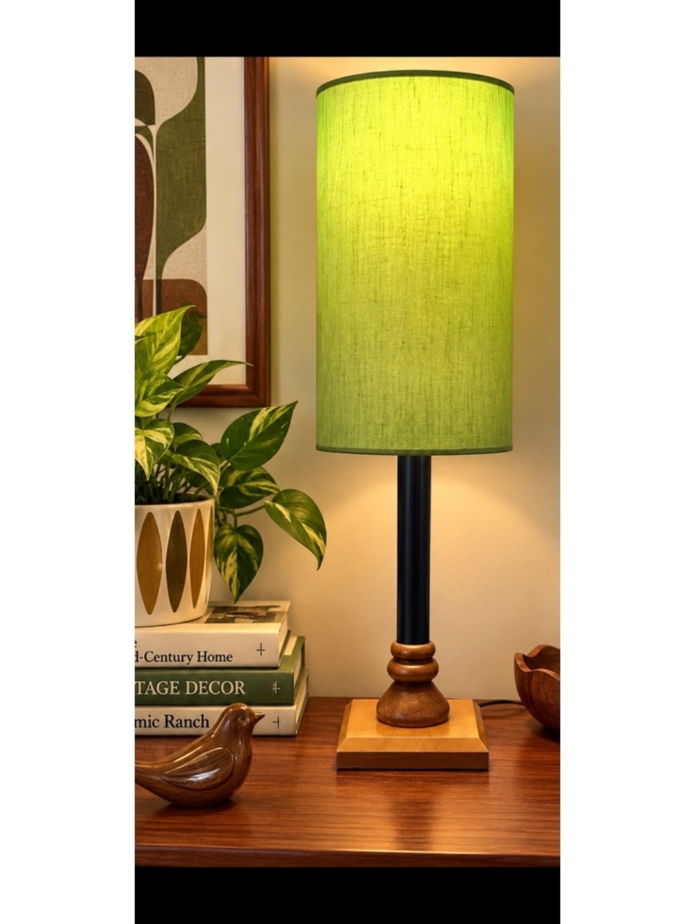 Vintage Mid Century Table Lamp Chartreuse Green Drum Shade 21” MCM Mod Wood Lamp